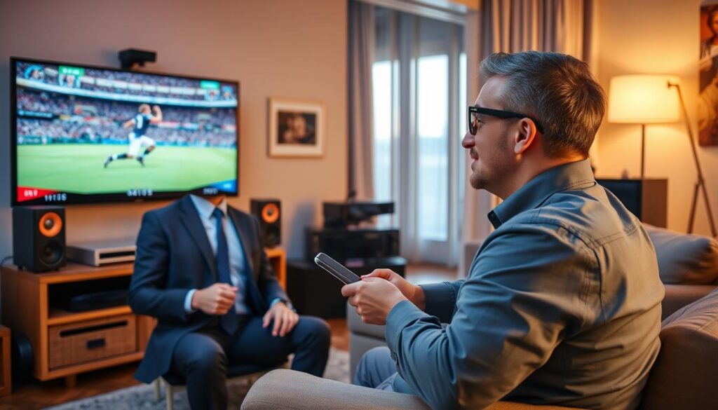 Generate an image representing IPTV Geeks, possibly with a geek-themed character enjoying sports on TV.