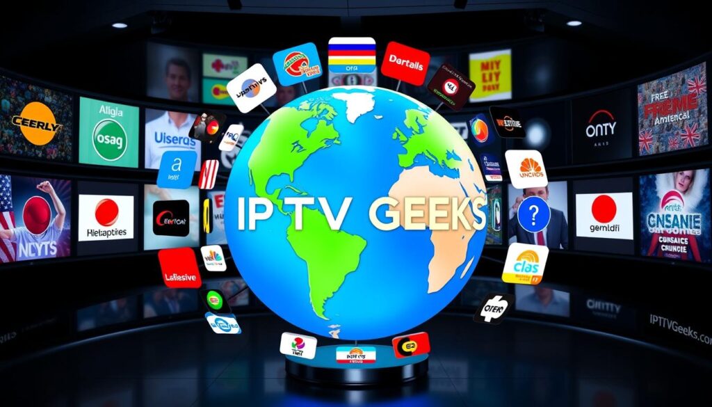 Generate an image representing IPTV Geeks with a globe and various international channels.