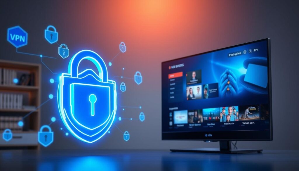 Generate an image representing VPN protection for IPTV streaming Generate an image representing VPN protection for IPTV streaming
