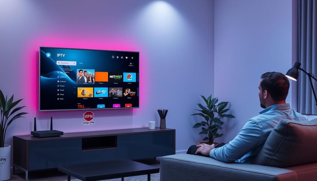 Generate an image representing a VPN-protected IPTV streaming setup