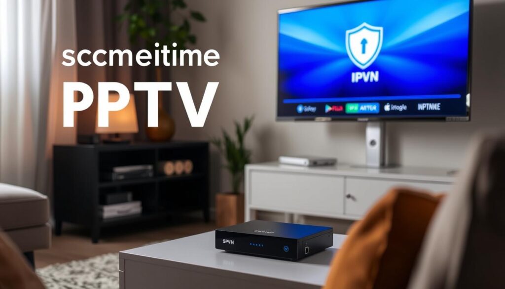 Generate an image representing a secure IPTV streaming setup with a VPN