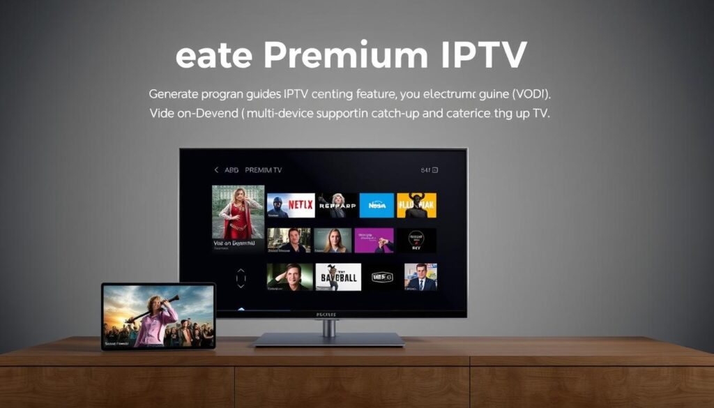 Generate an image representing premium IPTV features, including EPG, VOD, multi-device support, and catch-up TV.