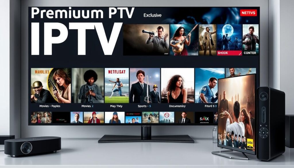 Generate an image representing premium IPTV services with exclusive content Generate an image representing premium IPTV services with exclusive content