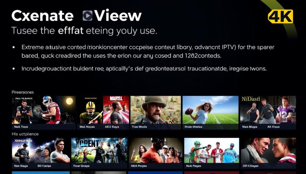 Generate an image showcasing XtreamView IPTV's vast content library and advanced features like 4K streaming.