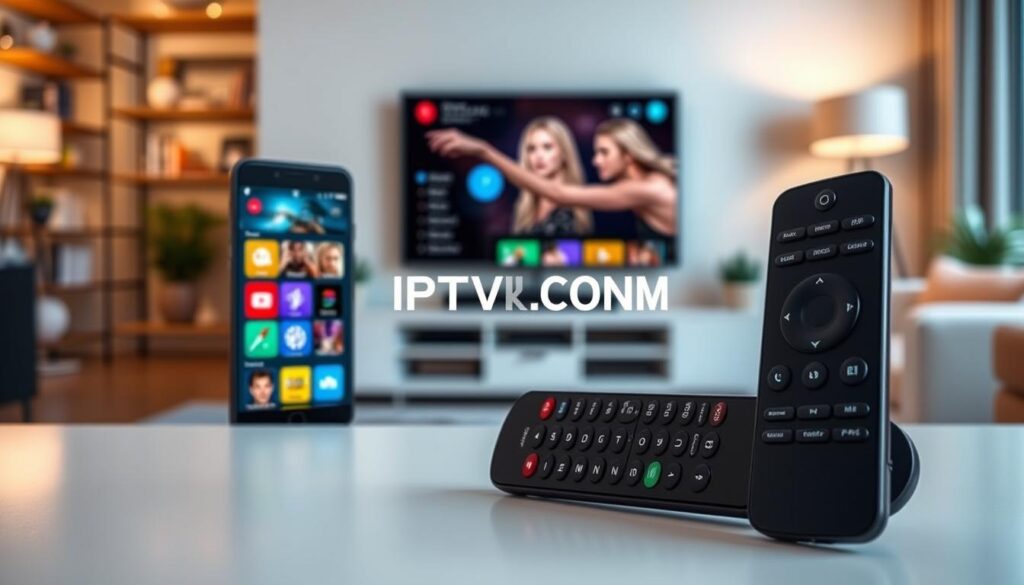 Generate an image showcasing various features of an IPTV app suitable for Android TV. In the foreground, display a sleek smartphone and a modern Android TV remote, emphasizing a user interface with vibrant, colorful app icons and menus illustrating genres like movies, sports, and live TV. In the middle ground, feature a stylish living room with a large flat-screen TV, displaying the IPTV app interface, glowing softly in warm light. The background should blur lightly into a cozy setting with ambient lighting, perhaps a bookshelf or potted plants, to create a welcoming atmosphere. Use soft-focus depth of field effects for a professional touch. Convey the brand name "IPTVVUK.COM" subtly integrated into the scene without text overlays. Emphasize a mood of convenience and entertainment.