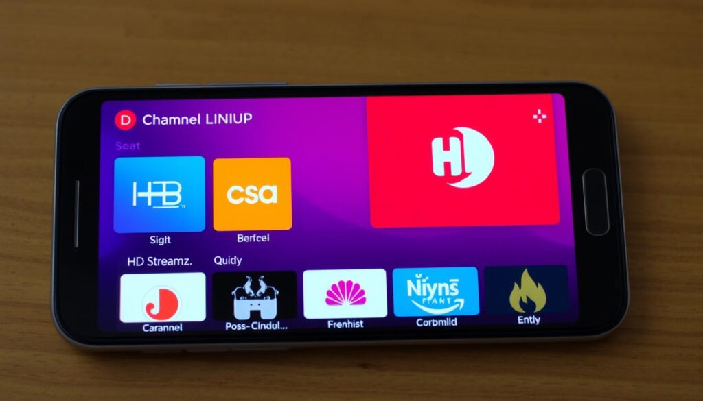 Generate an image showing HD Streamz app's channel lineup on an Android screen. Generate an image showing HD Streamz app's channel lineup on an Android screen.
