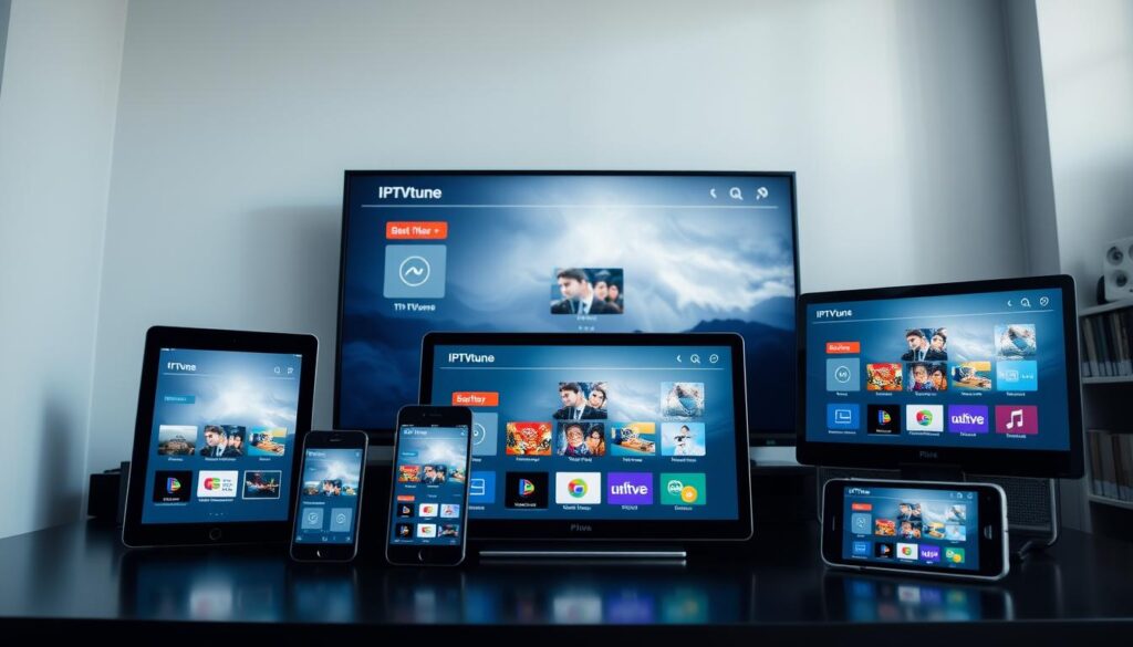 Generate an image showing IPTVtune's interface on a variety of devices, including smart TVs, smartphones, and tablets. Generate an image showing IPTVtune's interface on a variety of devices, including smart TVs, smartphones, and tablets.
