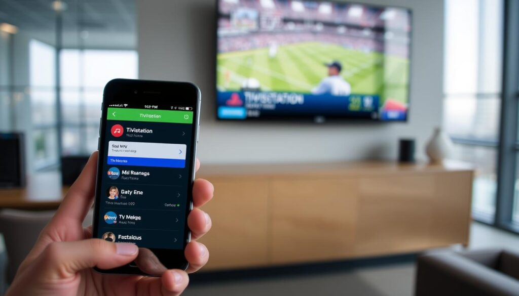 Generate an image showing TiVistation's app interface on a mobile device, with a sports channel playing in the background. Generate an image showing TiVistation's app interface on a mobile device, with a sports channel playing in the background.