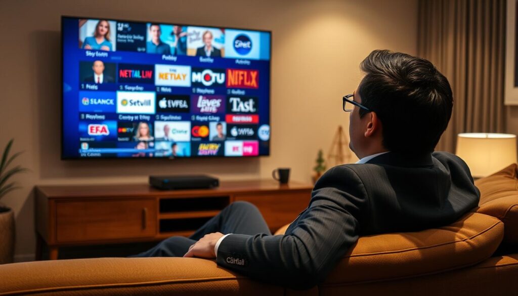 Image generation prompt: A Canadian viewer enjoying their favorite TV show on IPTV Geeks with a vast channel lineup in the background.