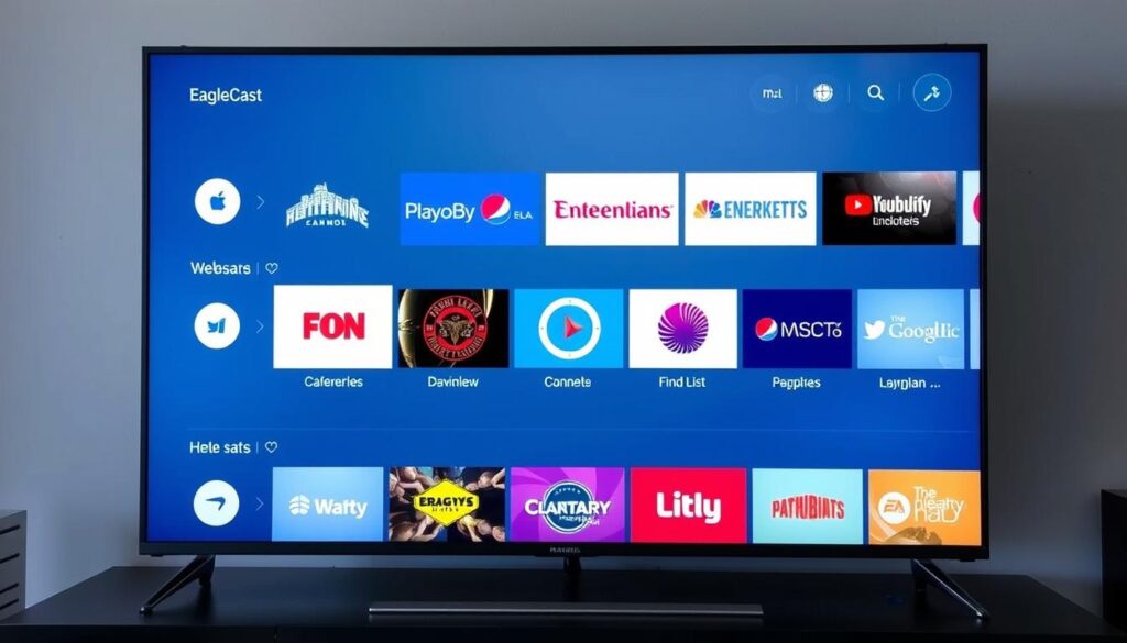 Image of EagleCast TV interface on a smart TV, showcasing various North American channels.