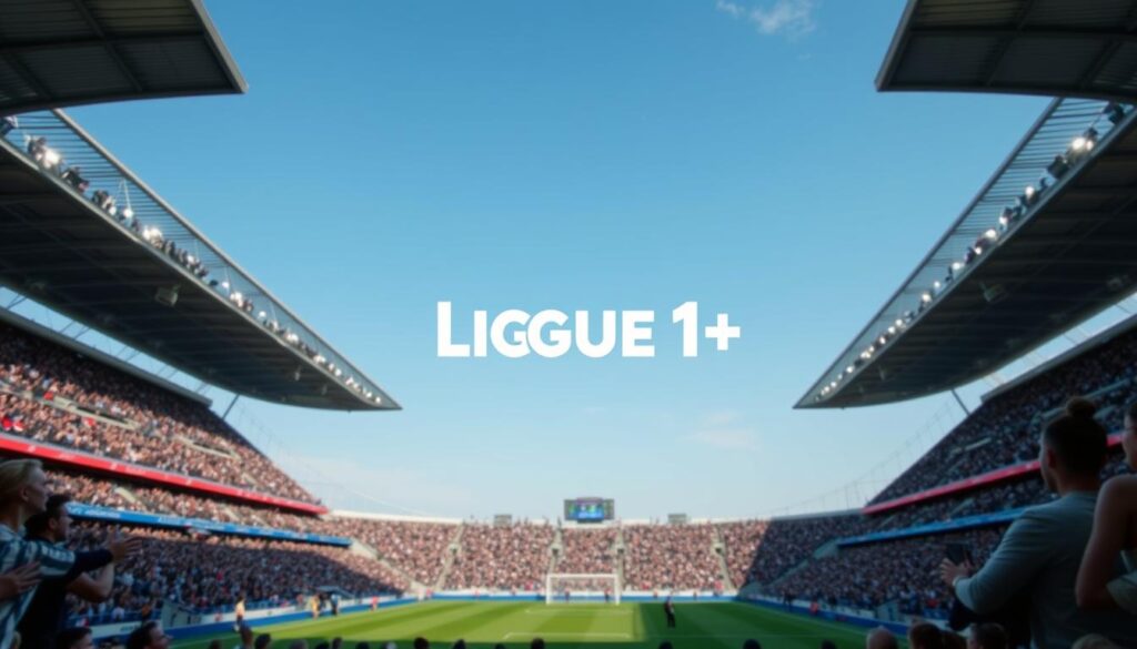 Image of Ligue 1+ logo with a French football stadium in the background Image of Ligue 1+ logo with a French football stadium in the background