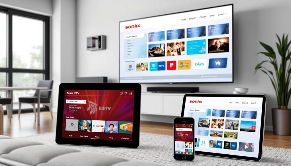 Image of Sonix IPTV interface on various devices