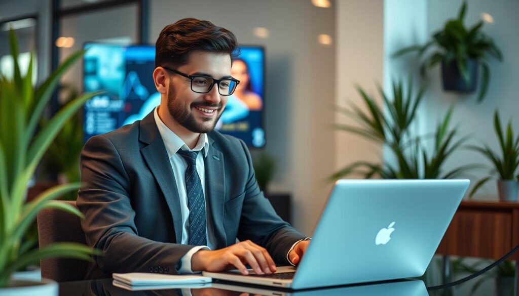 Image of a Canadian IPTV reseller working on a laptop with a friendly, approachable background