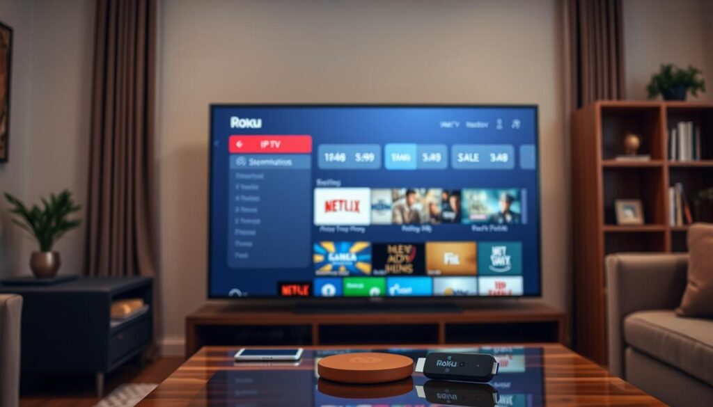 Image of a Roku or Amazon Fire TV Stick with IPTV Image of a Roku or Amazon Fire TV Stick with IPTV