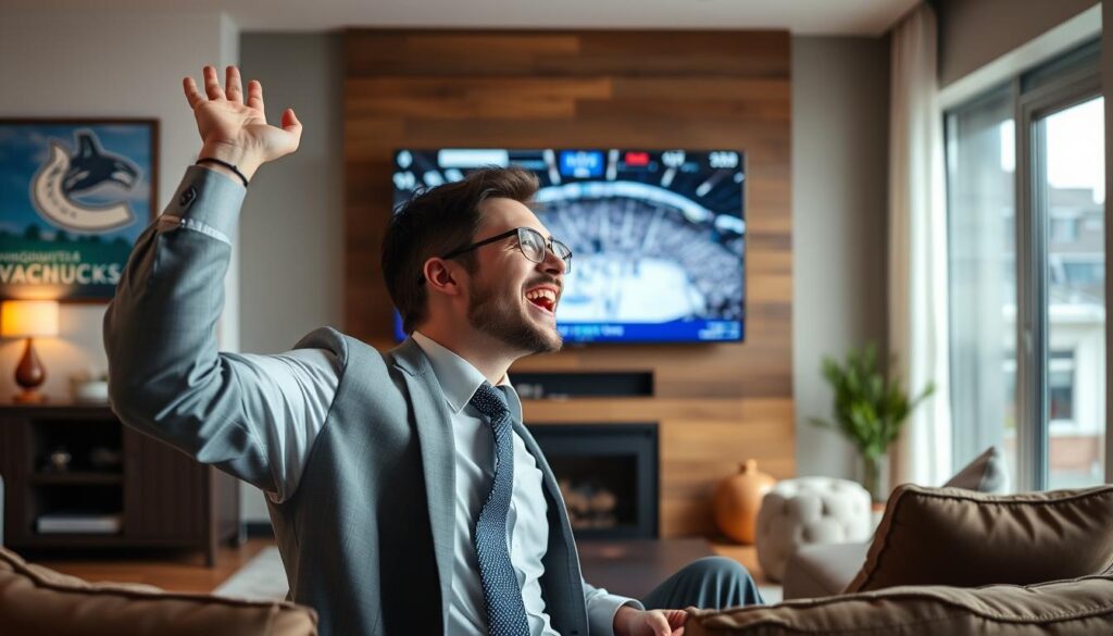 Image of a Vancouver sports fan watching a Canucks game on Pioneer TV