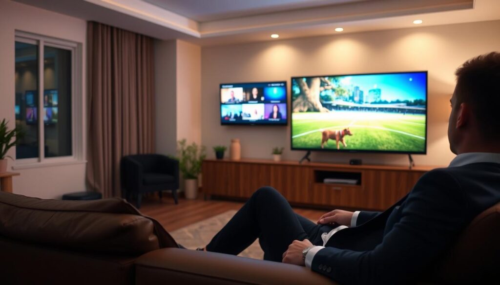 Image of a person comfortably watching TV with various channels on the screen