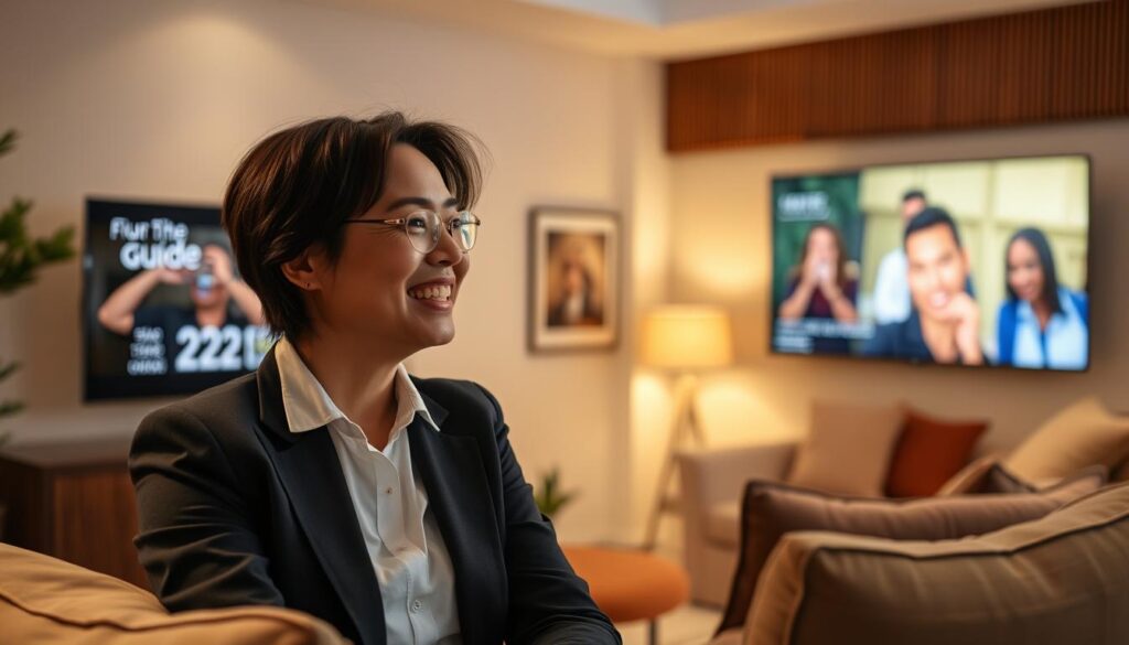 Image of a person enjoying their favorite TV show with a guide on the screen