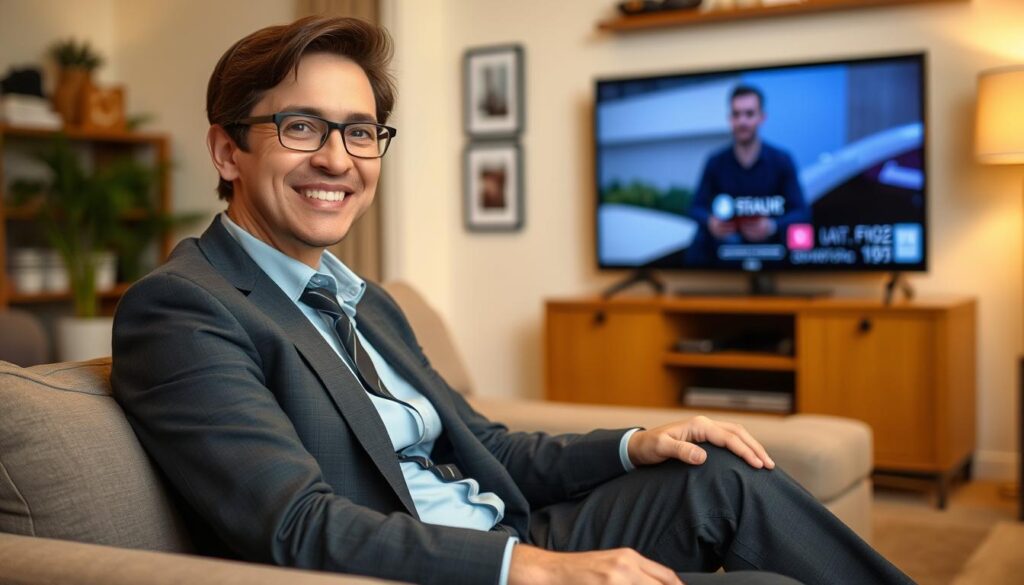 Image of a person relaxing while watching TV with a satisfied expression