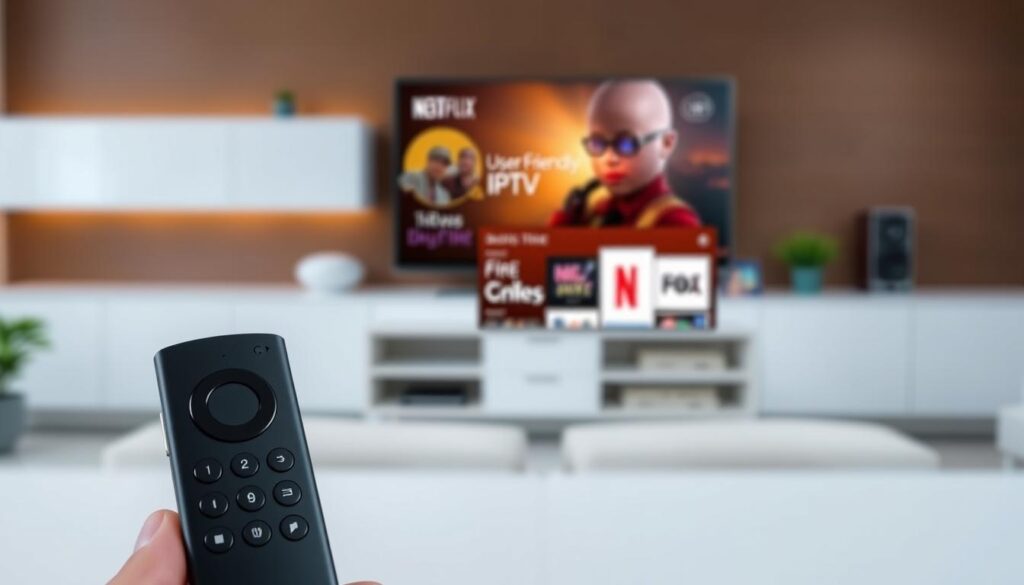 Image of an Amazon Fire Stick remote control with IPTV app on the screen