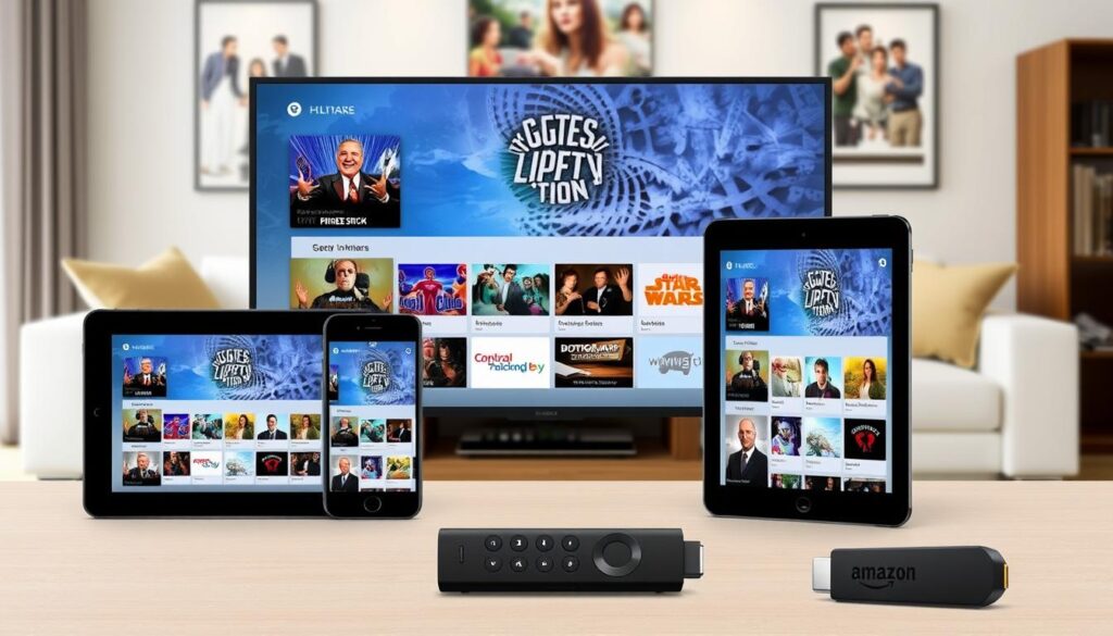 Image of various devices (smart TV, smartphone, tablet, Amazon FireStick) with GSE IPTV app installed