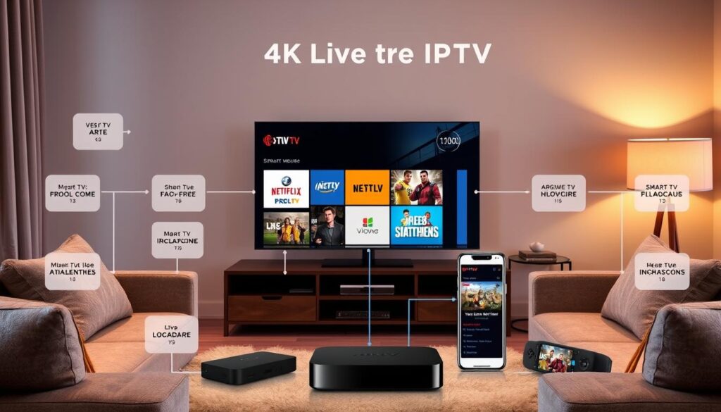 Image of various devices (smart TVs, mobile devices, streaming devices) connected to 4klive iptv