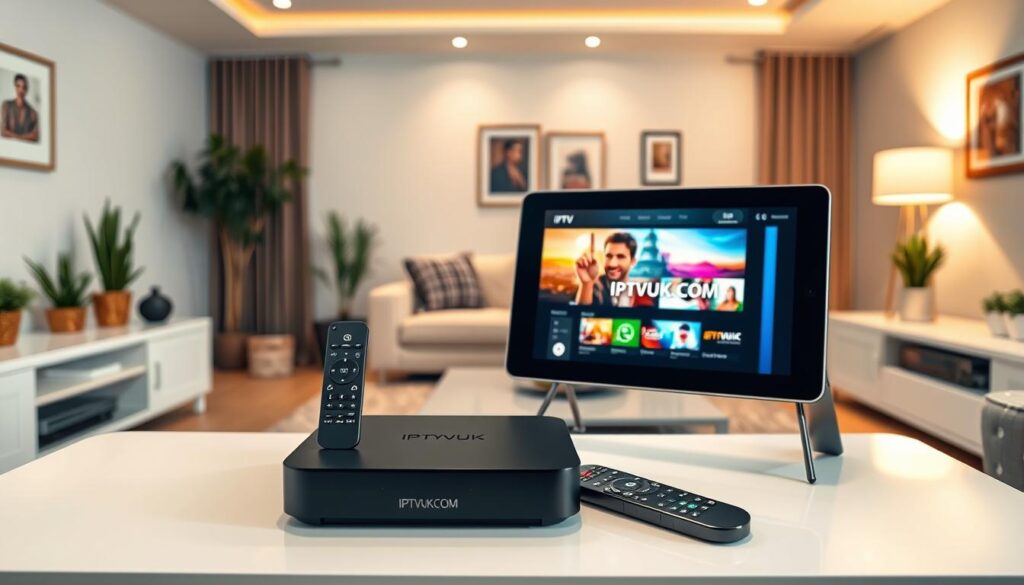 A bright, modern living room showcasing various IPTV compatible devices arranged neatly on a stylish entertainment center. In the foreground, a sleek streaming box with an elegant remote control, a tablet displaying an IPTV application, and a smart TV with vibrant content on the screen. In the middle, there’s a cozy couch and an inviting atmosphere enhanced by soft, warm lighting, creating a welcoming space. The background features a minimalist decor with a few potted plants and tasteful artwork. The overall mood is contemporary and tech-savvy, emphasizing the ease and enjoyment of IPTV streaming. Include the brand name "IPTVVUK.COM" subtly integrated within the scene as part of the tablet's screen display. A bright, modern living room showcasing various IPTV compatible devices arranged neatly on a stylish entertainment center. In the foreground, a sleek streaming box with an elegant remote control, a tablet displaying an IPTV application, and a smart TV with vibrant content on the screen. In the middle, there’s a cozy couch and an inviting atmosphere enhanced by soft, warm lighting, creating a welcoming space. The background features a minimalist decor with a few potted plants and tasteful artwork. The overall mood is contemporary and tech-savvy, emphasizing the ease and enjoyment of IPTV streaming. Include the brand name "IPTVVUK.COM" subtly integrated within the scene as part of the tablet's screen display.