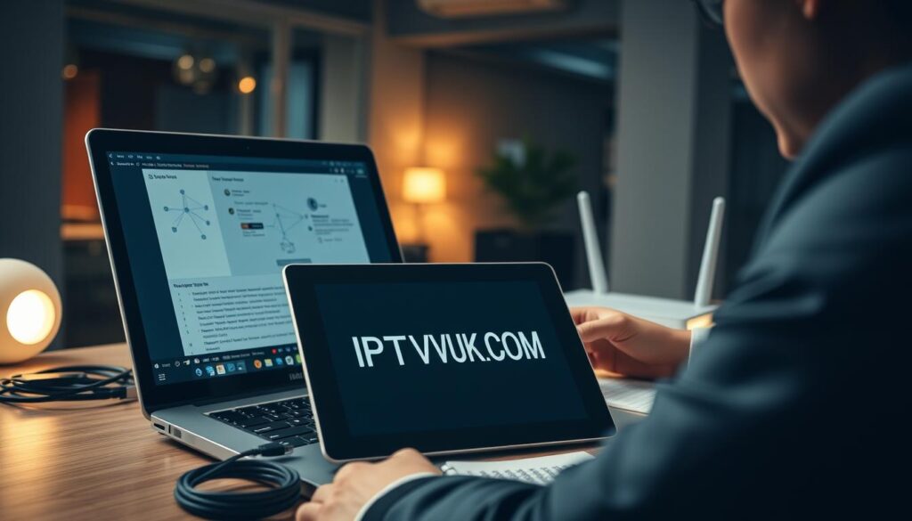 A close-up scene depicting a professional workspace focused on VPN troubleshooting for IPTV. In the foreground, a person dressed in smart business attire analyzes a laptop, displaying a network diagram alongside error messages and connection logs. The middle layer showcases a digital tablet reading "IPTVVUK.COM," surrounded by technical tools like a network cable, a Wi-Fi router, and a notepad filled with troubleshooting notes. The background features a soft-focus office environment with dim, ambient lighting, creating a mood of concentration and problem-solving. The angle is slightly elevated, capturing the workspace from above, emphasizing the technical and organized nature of the scene, evoking a sense of urgency and expertise in resolving VPN issues for streaming. A close-up scene depicting a professional workspace focused on VPN troubleshooting for IPTV. In the foreground, a person dressed in smart business attire analyzes a laptop, displaying a network diagram alongside error messages and connection logs. The middle layer showcases a digital tablet reading "IPTVVUK.COM," surrounded by technical tools like a network cable, a Wi-Fi router, and a notepad filled with troubleshooting notes. The background features a soft-focus office environment with dim, ambient lighting, creating a mood of concentration and problem-solving. The angle is slightly elevated, capturing the workspace from above, emphasizing the technical and organized nature of the scene, evoking a sense of urgency and expertise in resolving VPN issues for streaming.