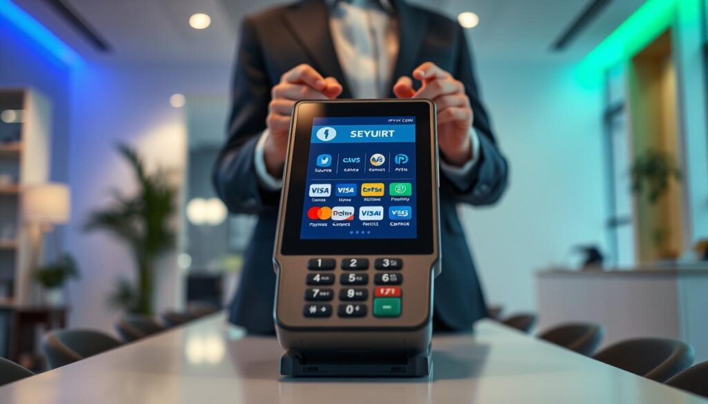A close-up view of a sleek, modern digital payment terminal displaying various secure IPTV payment options in an inviting office environment. In the foreground, a professional-looking person in business attire confidently interacts with the terminal, their hands poised to complete a transaction. The middle of the scene features the payment terminal prominently, showcasing recognizable secure payment logos such as credit cards and digital wallets. The background includes a well-lit, minimalistic workspace with soft blue and green lighting to evoke a sense of trust and security. The overall atmosphere is calm and professional, emphasizing the reliability of IPTVVUK.COM's secure payment solutions. The composition is shot from a slightly elevated angle to capture both the terminal and the person, creating an engaging and informative visual narrative.