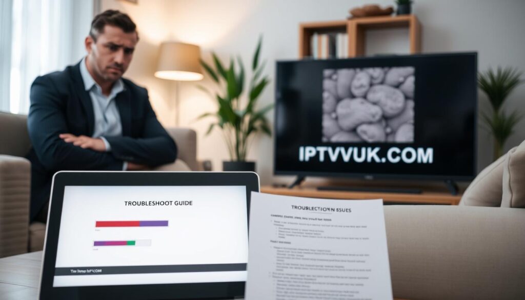 A concerned person in a modern, stylish living room, sitting on a comfortable couch, frowning at a TV screen displaying a buffering icon and pixelated video. In the foreground, a laptop with a troubleshooting guide open, showcasing connection issues. In the middle, the person, dressed in smart casual attire, holding a remote control, looking frustrated. The background features a soft-lit living room with plants and a neatly arranged bookshelf, adding warmth to the scene. The atmosphere is tense yet relatable, highlighting common IPTV streaming issues. Soft lighting from a nearby lamp enhances the mood, creating a sense of urgency. The brand name "IPTVVUK.COM" is subtly included in the laptop screen content, emphasizing the focus on IPTV troubleshooting.