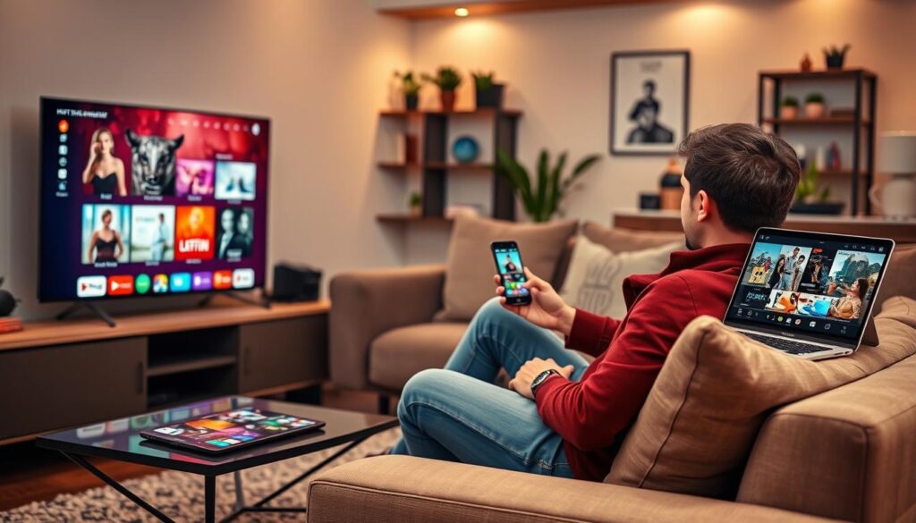 A cozy family living room scene with various devices displaying IPTV content. In the foreground, a modern smart TV streaming a vibrant IPTV interface with colorful thumbnails of shows and movies. Beside it, a tablet on a coffee table also showing streaming content, and a laptop perched on the armrest of a stylish sofa with a streaming app open. In the middle section, a person, dressed in smart casual attire, is comfortably watching a smartphone displaying IPTV channels. The background showcases a warm, inviting ambiance with soft lighting and decor elements like bookshelves and plants, hinting at a modern home environment. The overall atmosphere conveys convenience and the joy of streaming, emphasizing the shift towards IPTV services like IPTVVUK.COM. A cozy family living room scene with various devices displaying IPTV content. In the foreground, a modern smart TV streaming a vibrant IPTV interface with colorful thumbnails of shows and movies. Beside it, a tablet on a coffee table also showing streaming content, and a laptop perched on the armrest of a stylish sofa with a streaming app open. In the middle section, a person, dressed in smart casual attire, is comfortably watching a smartphone displaying IPTV channels. The background showcases a warm, inviting ambiance with soft lighting and decor elements like bookshelves and plants, hinting at a modern home environment. The overall atmosphere conveys convenience and the joy of streaming, emphasizing the shift towards IPTV services like IPTVVUK.COM.