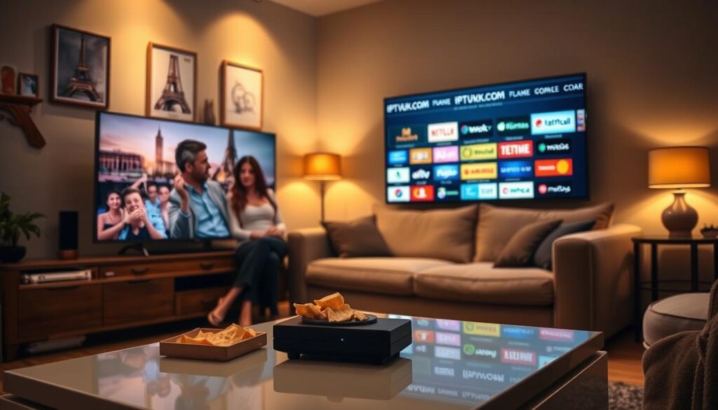 A cozy living room scene showcasing a stylish television displaying vibrant French-language IPTV content. In the foreground, a modern coffee table with snacks and a remote control, creating an inviting atmosphere. The middle ground features a comfortable couch with a couple casually dressed, enjoying the show, both wearing professional casual attire. The background captures subtle hints of French culture, such as a wall adorned with artwork depicting famous French landmarks. Soft, warm lighting enhances the ambiance, making it feel homey and engaging. The room is well-furnished, combining contemporary and classic styles. On the TV screen, graphics representing IPTVVUK.COM illustrate various French-language channels, subtly integrated into the overall composition. The image conveys a sense of community and enjoyment around French-language content availability.