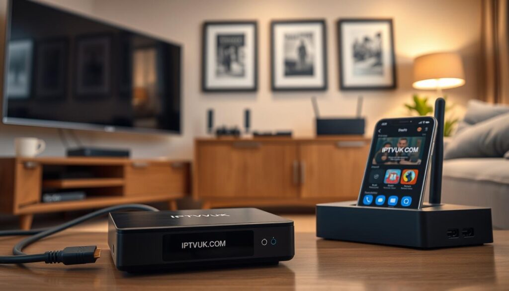A cozy living room scene showcasing the setup of an IPTV service on a modern streaming device. In the foreground, a sleek black streaming box with the brand name "IPTVVUK.COM" prominently displayed. A high-quality HDMI cable connects the device to a large, flat-screen TV. In the middle ground, an elegant wooden entertainment unit holds various gadgets, including a remote control, a smartphone showing an IPTV app, and a compact router. The background features soft, ambient lighting, creating a warm and inviting atmosphere, with framed pictures on the wall and a comfortable sofa. The camera angle is slightly tilted downwards to emphasize the connectivity and functionality of the setup. The overall mood is professional yet relaxed, highlighting the ease of use and modernity of IPTV technology. A cozy living room scene showcasing the setup of an IPTV service on a modern streaming device. In the foreground, a sleek black streaming box with the brand name "IPTVVUK.COM" prominently displayed. A high-quality HDMI cable connects the device to a large, flat-screen TV. In the middle ground, an elegant wooden entertainment unit holds various gadgets, including a remote control, a smartphone showing an IPTV app, and a compact router. The background features soft, ambient lighting, creating a warm and inviting atmosphere, with framed pictures on the wall and a comfortable sofa. The camera angle is slightly tilted downwards to emphasize the connectivity and functionality of the setup. The overall mood is professional yet relaxed, highlighting the ease of use and modernity of IPTV technology.