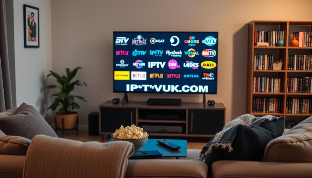 A cozy living room setting featuring a modern flat-screen TV displaying various IPTV service logos, including the brand name "IPTVVUK.COM." In the foreground, a comfortable sofa with a stylish throw blanket and decorative cushions set a welcoming atmosphere. A small coffee table holds a streaming device remote and a bowl of popcorn, enhancing the casual viewing vibe. In the middle, soft ambient lighting casts a warm glow, accentuating the sleek furniture and inviting decor. In the background, a bookshelf filled with DVDs and books adds depth to the scene, evoking a sense of home entertainment. The overall mood is relaxed and engaging, inviting the viewer to explore IPTV options comfortably.
