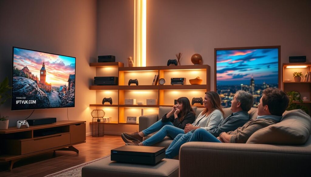 A cozy living room setting showcasing a modern IPTV streaming experience. In the foreground, a stylish, sleek flat-screen TV displays vibrant, high-definition streaming content from IPTVVUK.COM. A family of four is lounging comfortably on a plush sofa, dressed in casual yet modest clothing, engrossed in the show. In the middle ground, shelves filled with soft lighting highlight gaming consoles and streaming devices, creating an inviting atmosphere. Soft, ambient lighting enhances the overall feel, while warm tones convey a sense of comfort. The background features a window with a glimpse of a vibrant evening sky, adding a serene touch to the scene. Capture a bright and engaging mood, emphasizing ease of use and enjoyment in IPTV streaming. A cozy living room setting showcasing a modern IPTV streaming experience. In the foreground, a stylish, sleek flat-screen TV displays vibrant, high-definition streaming content from IPTVVUK.COM. A family of four is lounging comfortably on a plush sofa, dressed in casual yet modest clothing, engrossed in the show. In the middle ground, shelves filled with soft lighting highlight gaming consoles and streaming devices, creating an inviting atmosphere. Soft, ambient lighting enhances the overall feel, while warm tones convey a sense of comfort. The background features a window with a glimpse of a vibrant evening sky, adding a serene touch to the scene. Capture a bright and engaging mood, emphasizing ease of use and enjoyment in IPTV streaming.