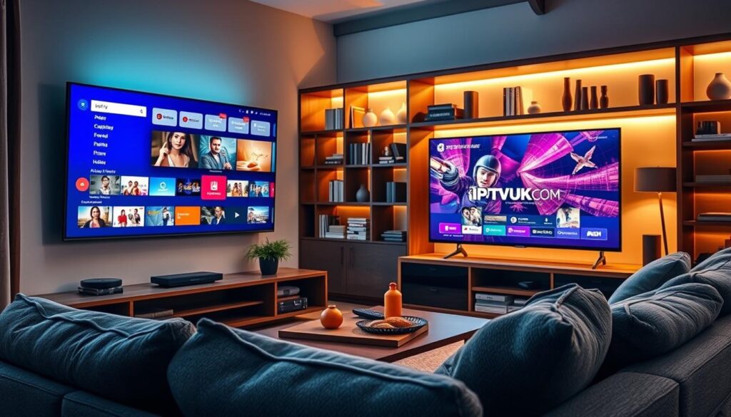 A cozy, modern living room featuring a sleek television displaying an IPTV interface, with vibrant streaming content on the screen. In the foreground, a comfortable sofa with plush cushions invites viewers to relax, while a stylish coffee table holds a remote control and snacks. In the background, a well-lit, contemporary bookshelf lined with books and decorative items enhances the atmosphere. Soft, warm lighting creates an inviting ambiance, and a large window allows natural light to filter in, casting gentle shadows. The scene conveys a sense of comfort, merging technology with everyday life. The logo "IPTVVUK.COM" subtly appears in one corner of the TV screen. The overall mood is engaging and family-friendly, highlighting the convenience and enjoyment of IPTV services.