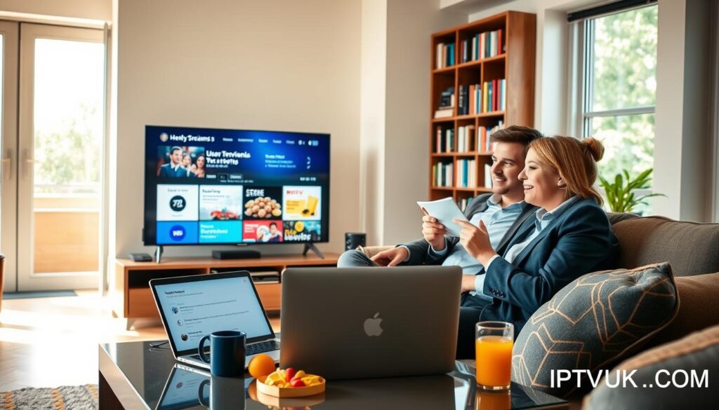 A cozy, modern living room featuring a sleek television set displaying a lively streaming interface. In the foreground, a couple, both dressed in professional business attire, sit comfortably on a stylish sofa, eagerly discussing user reviews for IPTV services. Their expressions are engaged and thoughtful, reflecting excitement about the content. On the coffee table, a laptop is open with user testimonials about honeybee IPTV, surrounded by colorful snacks and drinks, enhancing the homey atmosphere. Soft, natural lighting pours in through large windows, creating a warm and inviting mood. In the background, a bookshelf filled with technology and entertainment books adds depth to the scene. The brand "IPTVVUK.COM" will be subtly incorporated into decorative elements like a mug or a stylish cushion without being overly conspicuous.