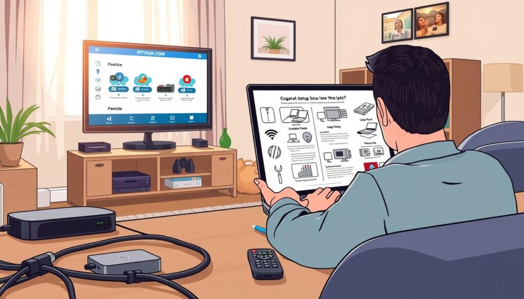 A detailed IPTV setup guide illustration, featuring a well-organized workspace with a modern television, streaming device, and a laptop open to an IPTV service website. In the foreground, neatly arranged cables and a user-friendly remote control highlight the setup process. The middle ground showcases a person, dressed in smart casual clothing, attentively following a step-by-step written guide with diagrams and icons reflecting various IPTV services. The background includes a cozy living room setting with soft, natural lighting streaming through a window, creating an inviting atmosphere. Incorporate elements that suggest technology and clarity, while branding the scene subtly with "IPTVVUK.COM" visible on the laptop screen. The overall mood should feel informative and encouraging, guiding viewers through the IPTV installation. A detailed IPTV setup guide illustration, featuring a well-organized workspace with a modern television, streaming device, and a laptop open to an IPTV service website. In the foreground, neatly arranged cables and a user-friendly remote control highlight the setup process. The middle ground showcases a person, dressed in smart casual clothing, attentively following a step-by-step written guide with diagrams and icons reflecting various IPTV services. The background includes a cozy living room setting with soft, natural lighting streaming through a window, creating an inviting atmosphere. Incorporate elements that suggest technology and clarity, while branding the scene subtly with "IPTVVUK.COM" visible on the laptop screen. The overall mood should feel informative and encouraging, guiding viewers through the IPTV installation.
