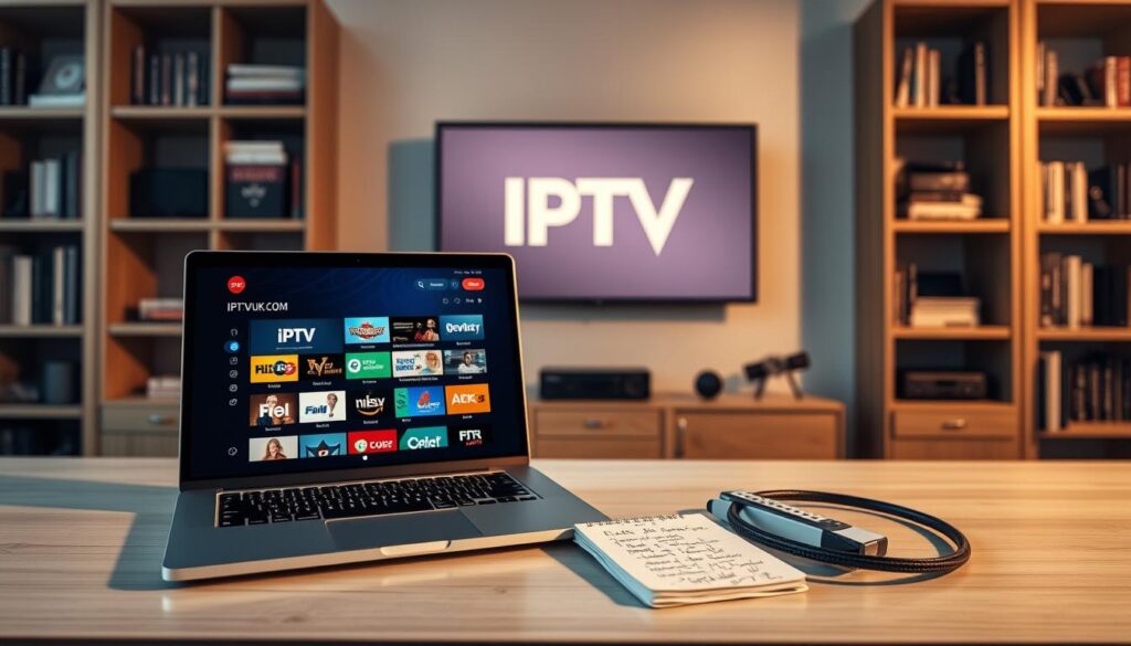 A detailed IPTV setup guide visually represented on a clean, modern workspace. In the foreground, a sleek laptop displaying the IPTVVUK.COM interface with vibrant channel options. Next to it, a remote control, a notepad with handwritten steps, and a high-quality HDMI cable, all neatly arranged. The middle ground features a wall-mounted TV showcasing an IPTV logo, emphasizing the entertainment aspect. The background consists of soft-focus shelving filled with tech-related books and gadgets, enhancing the tech-savvy atmosphere. The lighting is warm and inviting, with soft shadows creating a comfortable, professional mood, captured from a slightly elevated angle to encompass the entire setup. Ideal for a step-by-step guide illustration. A detailed IPTV setup guide visually represented on a clean, modern workspace. In the foreground, a sleek laptop displaying the IPTVVUK.COM interface with vibrant channel options. Next to it, a remote control, a notepad with handwritten steps, and a high-quality HDMI cable, all neatly arranged. The middle ground features a wall-mounted TV showcasing an IPTV logo, emphasizing the entertainment aspect. The background consists of soft-focus shelving filled with tech-related books and gadgets, enhancing the tech-savvy atmosphere. The lighting is warm and inviting, with soft shadows creating a comfortable, professional mood, captured from a slightly elevated angle to encompass the entire setup. Ideal for a step-by-step guide illustration.
