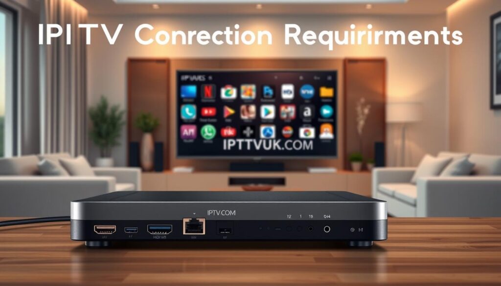 A detailed and informative illustration of "IPTV Connection Requirements." In the foreground, display a sleek, modern set-top box showcasing connections like HDMI, Ethernet, and USB ports, emphasizing its functionalities. In the middle ground, incorporate a large, high-definition television with various streaming icons subtly appearing on the screen, indicating IPTV services. In the background, feature an organized living room setting with a comfy couch and elegant decor to evoke a cozy atmosphere. The lighting should be warm and inviting, capturing soft shadows for depth, as if it's early evening. Use a wide-angle lens perspective to create a sense of spaciousness. Ensure the brand "IPTVVUK.COM" is subtly integrated into the design, perhaps as part of the decorative elements on the living room wall. The overall mood suggests innovation and modern home entertainment.