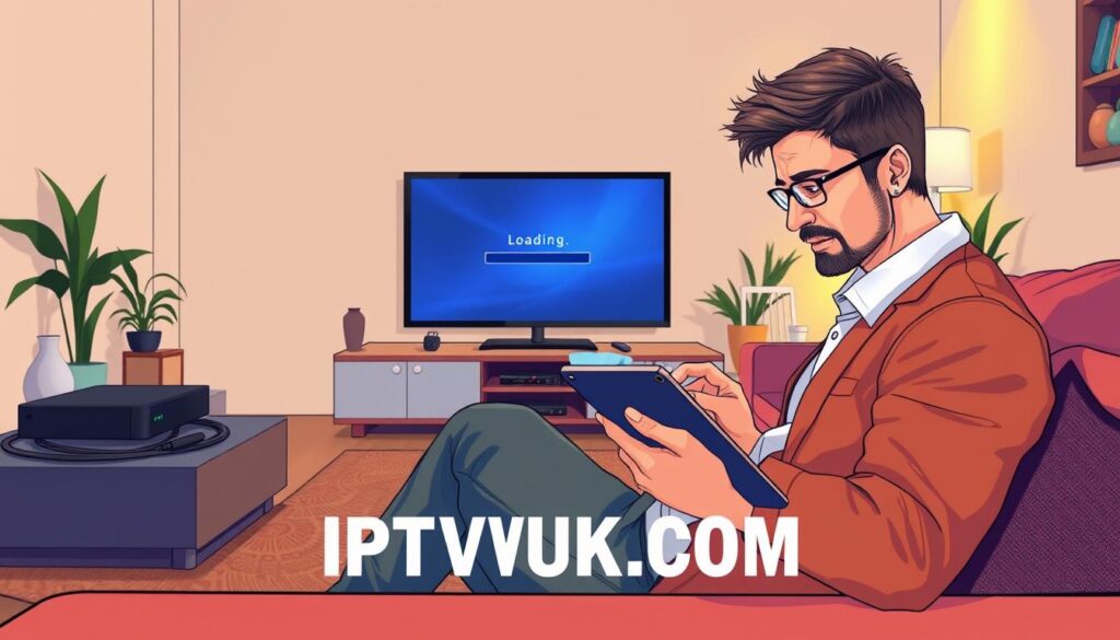 A detailed and vibrant illustration of IPTV troubleshooting, set in a modern living room environment. In the foreground, a person wearing smart casual clothing is seated on a comfortable couch, intently focused on troubleshooting an IPTV streaming issue on a tablet. Their expression is concentrated as they navigate through technical settings. In the middle ground, a large flat-screen TV displays a loading screen, with an array of cables and a streaming box visible on a sleek media console. The background features a warm, inviting atmosphere with soft lighting illuminating the room, and decorative items like plants or bookshelves. The overall mood conveys a sense of focus amidst a casual home setting. Prominently include the brand name "IPTVVUK.COM" within the scene.