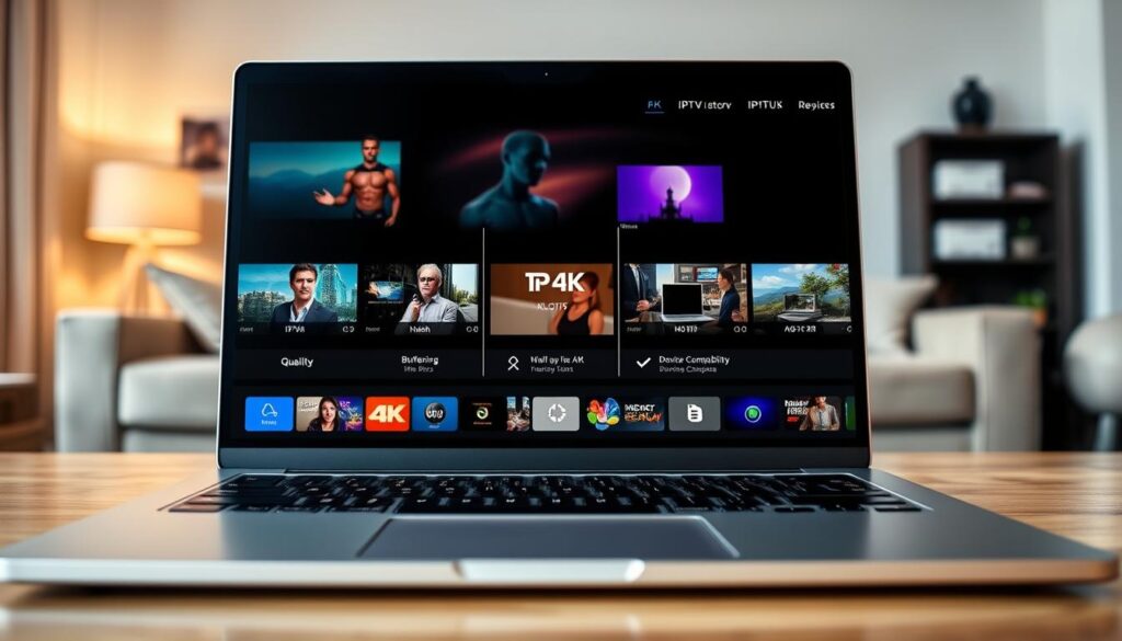 A detailed and visually engaging comparison of IPTV streaming qualities, emphasizing various factors like resolution, buffering speed, and device compatibility. In the foreground, a sleek laptop displays an IPTV interface, with vibrant images showing different quality levels (HD, 4K) in side-by-side thumbnails. The middle layer features subtle indicators like buffering icons and checkmarks for features like device compatibility, depicted on a digital interface, creating a sense of interactive engagement. The background showcases a cozy living room setting, softly lit, enhancing a relaxed viewing atmosphere. The overall mood is informative and professional, highlighting IPTVVUK.COM in a modern, clean style without text overlays or distractions. Use a wide-angle lens effect to provide depth and clarity to the scene.