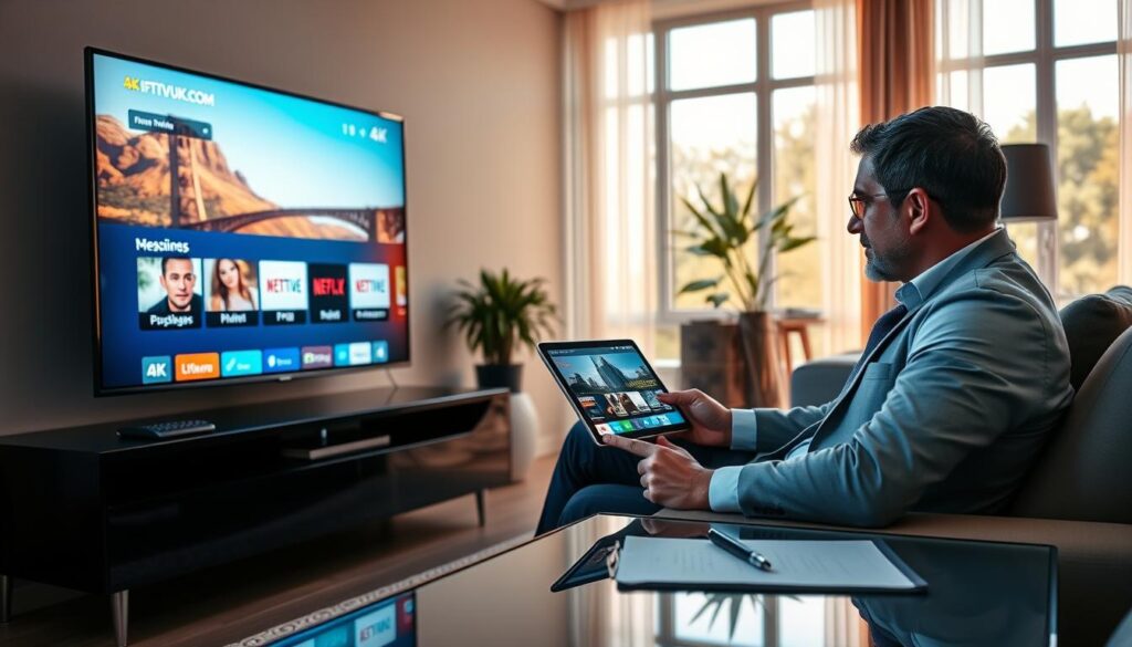 A detailed composition illustrating "IPTV service evaluation" for a 4K television experience. In the foreground, a sleek modern living room featuring a high-definition 4K TV displaying vibrant streaming options, surrounded by a stylish entertainment unit. In the middle, a professional analyst in business attire, seated at a stylish coffee table, intently examining a tablet with IPTVVUK.COM content, alongside a notepad with evaluation notes. In the background, a large window revealing a bright, sunny day outside, adding warmth to the scene. Soft, natural lighting illuminates the room, enhancing the colors of the TV and creating a cozy atmosphere. The overall mood conveys professionalism, innovation, and enthusiasm for the evolving IPTV landscape.
