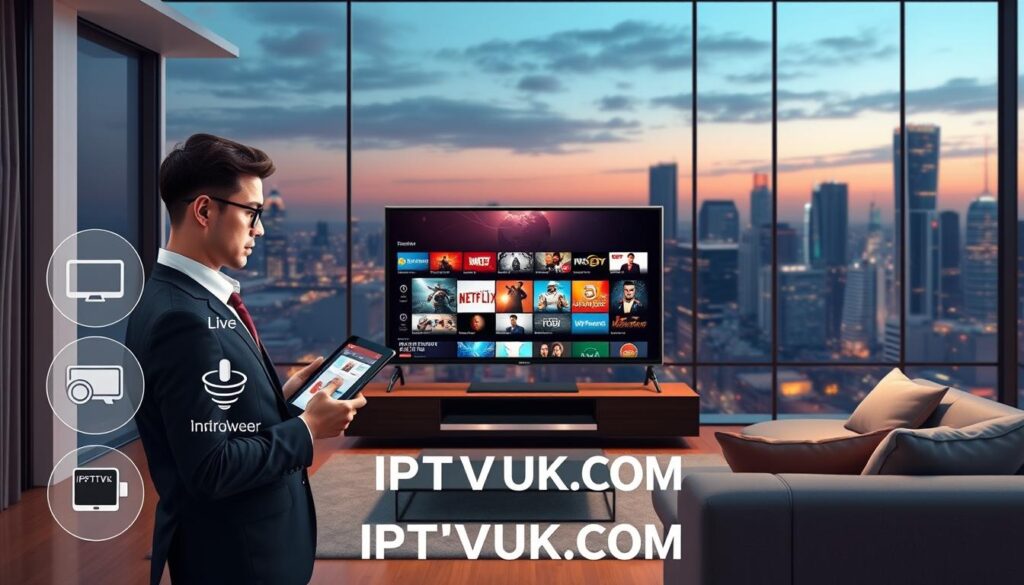 A detailed digital illustration depicting the three main types of IPTV services. In the foreground, a professional-looking person in business attire is analyzing a streaming service on a tablet, surrounded by icons representing live TV, video on demand, and time-shifted TV. The middle layer showcases a sleek modern living room with a large flat-screen TV displaying various IPTV interfaces, such as gaming and news channels. In the background, a tech-inspired city skyline creates a dynamic atmosphere, illuminated by ambient evening lighting. The scene uses a warm color palette to evoke a sense of comfort and connectivity, with soft focus on the background to highlight the foreground activities. Incorporate the brand name "IPTVVUK.COM" subtly in the visual design elements. A detailed digital illustration depicting the three main types of IPTV services. In the foreground, a professional-looking person in business attire is analyzing a streaming service on a tablet, surrounded by icons representing live TV, video on demand, and time-shifted TV. The middle layer showcases a sleek modern living room with a large flat-screen TV displaying various IPTV interfaces, such as gaming and news channels. In the background, a tech-inspired city skyline creates a dynamic atmosphere, illuminated by ambient evening lighting. The scene uses a warm color palette to evoke a sense of comfort and connectivity, with soft focus on the background to highlight the foreground activities. Incorporate the brand name "IPTVVUK.COM" subtly in the visual design elements.