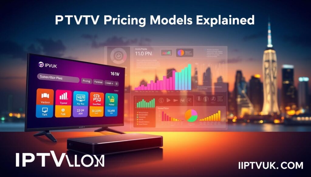 A detailed illustration focused on "IPTV Pricing Models Explained." In the foreground, a sleek, modern digital device, such as a smart TV or streaming box, displays vibrant IPTV interface icons representing different pricing models—subscription plans, pay-per-view, and bundled offers. The middle ground features a dynamic, abstract infographic with colorful graphs and charts, visually depicting pricing tiers and user preferences. In the background, a soft-focus city skyline at dusk, illuminated by ambient lighting, adds depth and a tech-savvy ambiance. The image should have warm, inviting lighting, captured from a slightly elevated angle to create perspective and engagement. The atmosphere should convey innovation and clarity in the technological realm, featuring the brand name "IPTVVUK.COM" subtly integrated into the design. A detailed illustration focused on "IPTV Pricing Models Explained." In the foreground, a sleek, modern digital device, such as a smart TV or streaming box, displays vibrant IPTV interface icons representing different pricing models—subscription plans, pay-per-view, and bundled offers. The middle ground features a dynamic, abstract infographic with colorful graphs and charts, visually depicting pricing tiers and user preferences. In the background, a soft-focus city skyline at dusk, illuminated by ambient lighting, adds depth and a tech-savvy ambiance. The image should have warm, inviting lighting, captured from a slightly elevated angle to create perspective and engagement. The atmosphere should convey innovation and clarity in the technological realm, featuring the brand name "IPTVVUK.COM" subtly integrated into the design.