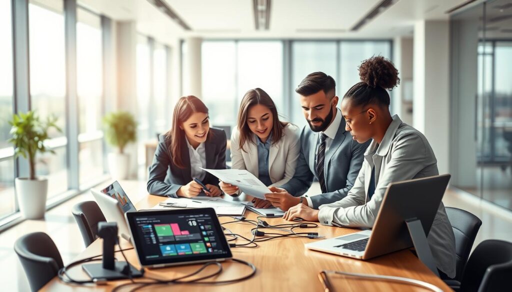 A detailed illustration showcasing the methodology of IPTV service testing, featuring a sleek, modern office space as the background. In the foreground, a diverse group of three professionals in business attire are collaborating around a large table, analyzing performance reports and discussing metrics related to IPTV services. The middle layer highlights an array of digital devices, like tablets and laptops displaying IPTV interfaces, connected by visible network cables to represent connectivity. Bright, natural lighting illuminates the scene, creating a focused yet innovative atmosphere. Use a shallow depth of field to emphasize the professionals’ engaged expressions and the IPTVVUK.COM logo subtly placed on one of the devices. The overall mood is analytical and dynamic, reflecting the commitment to thorough evaluation and high standards in IPTV service testing. A detailed illustration showcasing the methodology of IPTV service testing, featuring a sleek, modern office space as the background. In the foreground, a diverse group of three professionals in business attire are collaborating around a large table, analyzing performance reports and discussing metrics related to IPTV services. The middle layer highlights an array of digital devices, like tablets and laptops displaying IPTV interfaces, connected by visible network cables to represent connectivity. Bright, natural lighting illuminates the scene, creating a focused yet innovative atmosphere. Use a shallow depth of field to emphasize the professionals’ engaged expressions and the IPTVVUK.COM logo subtly placed on one of the devices. The overall mood is analytical and dynamic, reflecting the commitment to thorough evaluation and high standards in IPTV service testing.