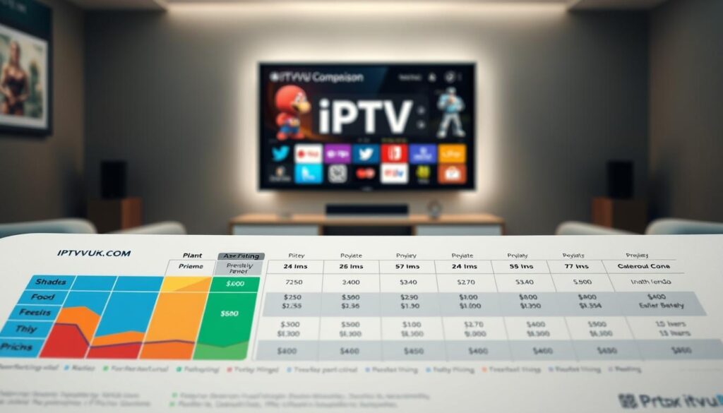 A detailed infographic showcasing an "IPTV Pricing Comparison" with a focus on IPTVVUK.COM. In the foreground, prominently display a stylish chart or graph illustrating various IPTV pricing tiers, with clear distinctions in colors for each plan. In the middle, include icons representing different IPTV services, accompanied by visual elements like animated streaming devices or remote controls. The background features a sleek, modern living room setup with a large screen displaying a streaming interface, illuminated by soft, ambient lighting to create a cozy atmosphere. The lens effect gives a slight depth of field, emphasizing the comparison chart while subtly blurring the background. Overall, the mood should be informative yet inviting, perfect for engaging readers exploring pricing and value assessment in IPTV services.