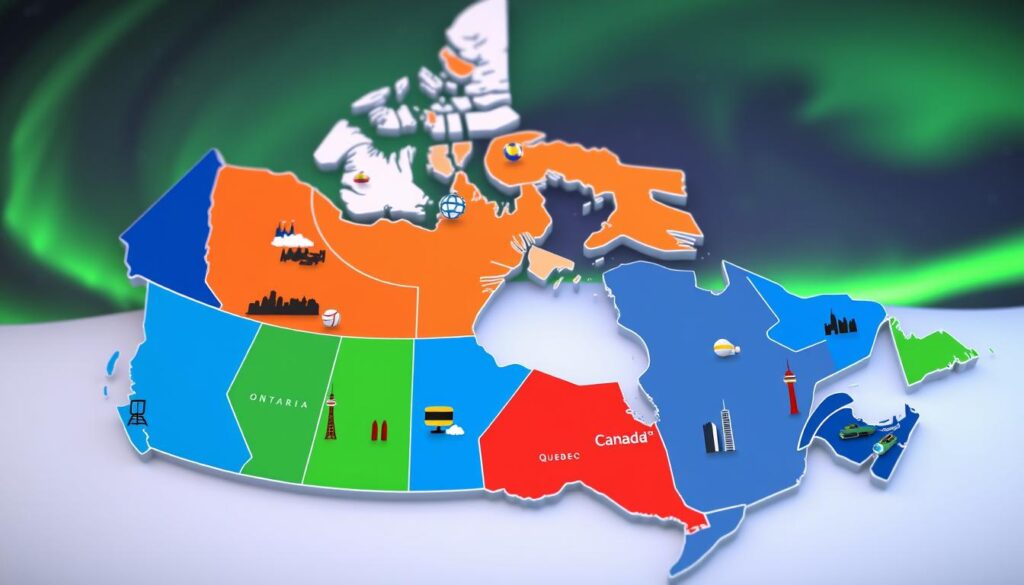 A detailed map of Canada featuring vibrant regional highlights to illustrate IPTV coverage across the country. In the foreground, display distinct provinces in contrasting colors—Ontario in blue, British Columbia in green, Quebec in red—with icons representing various IPTV services such as IPTVVUK.COM. The middle ground should include stylized landmarks from major cities like Toronto and Vancouver. The background can have a soft gradient of the northern lights, evoking a sense of Canadian atmosphere. Employ bright, inviting lighting to enhance the visual appeal, simulating a slightly elevated perspective. Aim for a professional yet engaging mood, suitable for readers exploring regional considerations in Canadian IPTV services. A detailed map of Canada featuring vibrant regional highlights to illustrate IPTV coverage across the country. In the foreground, display distinct provinces in contrasting colors—Ontario in blue, British Columbia in green, Quebec in red—with icons representing various IPTV services such as IPTVVUK.COM. The middle ground should include stylized landmarks from major cities like Toronto and Vancouver. The background can have a soft gradient of the northern lights, evoking a sense of Canadian atmosphere. Employ bright, inviting lighting to enhance the visual appeal, simulating a slightly elevated perspective. Aim for a professional yet engaging mood, suitable for readers exploring regional considerations in Canadian IPTV services.