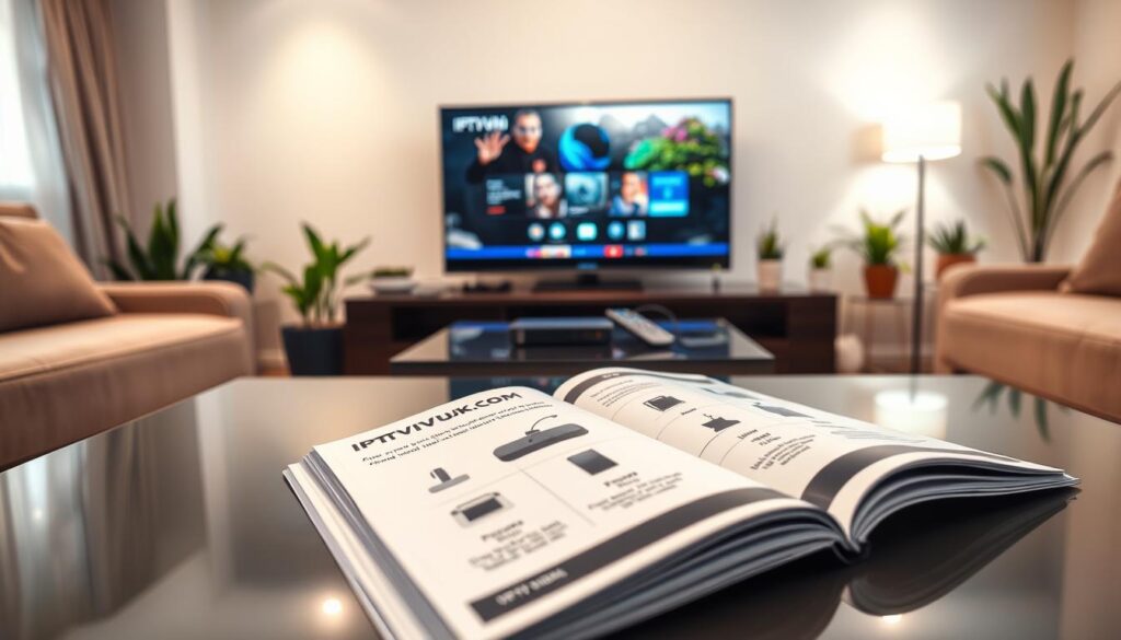 A detailed step-by-step IPTV setup guide, featuring a vibrant living room scene equipped with the latest smart TV and streaming devices. In the foreground, a clean, modern coffee table displays an IPTV setup guide booklet titled 'IPTVVUK.COM', laid open, showing illustrated steps with clear icons. The middle layer includes a sleek streaming device connected to the TV, with remote controls neatly arranged around it. In the background, soft ambient lighting enhances the cozy, inviting atmosphere, with potted plants and tasteful decor elements. The image captures a professional and informative mood, encouraging users to easily follow along with their IPTV setup process. The scene is viewed from a slightly elevated angle, allowing clarity of all detailed elements while maintaining a warm and engaging feel.