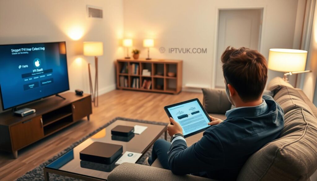 A detailed step-by-step IPTV setup process illustrated in a professional home setting. In the foreground, a modern living room with a sleek, flat-screen TV displaying a user-friendly interface for IPTV setup. A person dressed in smart casual attire, sitting on a comfortable sofa, intently following setup instructions displayed on a tablet. The middle ground features a neatly arranged coffee table with a streaming device, remote control, and a few helpful manuals. The background includes a bookshelf and soft lighting emanating from stylish lamps, creating a warm and inviting atmosphere. The scene should convey a sense of ease and accessibility in setting up IPTV services. Include the brand name "IPTVVUK.COM" subtly in the ambiance, without any text overlays. The overall composition should feel organized, clear, and informative, capturing the essence of a straightforward setup guide. A detailed step-by-step IPTV setup process illustrated in a professional home setting. In the foreground, a modern living room with a sleek, flat-screen TV displaying a user-friendly interface for IPTV setup. A person dressed in smart casual attire, sitting on a comfortable sofa, intently following setup instructions displayed on a tablet. The middle ground features a neatly arranged coffee table with a streaming device, remote control, and a few helpful manuals. The background includes a bookshelf and soft lighting emanating from stylish lamps, creating a warm and inviting atmosphere. The scene should convey a sense of ease and accessibility in setting up IPTV services. Include the brand name "IPTVVUK.COM" subtly in the ambiance, without any text overlays. The overall composition should feel organized, clear, and informative, capturing the essence of a straightforward setup guide.