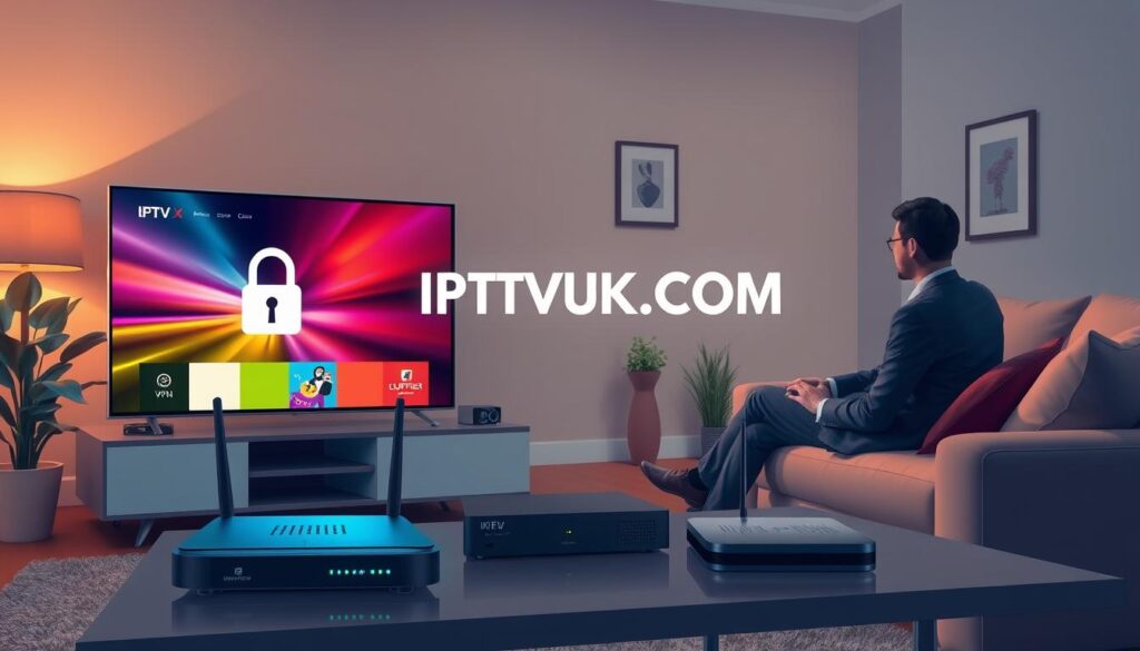 A digital illustration showcasing "IPTV streaming security" in a modern living room setting. In the foreground, a sleek smart TV displays a colorful IPTV interface with a padlock symbol prominently featured, symbolizing security. A user, dressed in professional business attire, sits comfortably on a stylish sofa, focused on the screen. In the middle ground, a stylish coffee table holds various digital security devices like a router with LED indicators and a VPN device. The background features a cozy, well-lit space with decorative elements like a plant and framed art. Soft, warm lighting creates a welcoming atmosphere, accentuated by a focus on the technology. Ensure the brand name "IPTVVUK.COM" is subtly integrated into the smart TV interface. The image conveys a sense of safety, technology, and relaxation. A digital illustration showcasing "IPTV streaming security" in a modern living room setting. In the foreground, a sleek smart TV displays a colorful IPTV interface with a padlock symbol prominently featured, symbolizing security. A user, dressed in professional business attire, sits comfortably on a stylish sofa, focused on the screen. In the middle ground, a stylish coffee table holds various digital security devices like a router with LED indicators and a VPN device. The background features a cozy, well-lit space with decorative elements like a plant and framed art. Soft, warm lighting creates a welcoming atmosphere, accentuated by a focus on the technology. Ensure the brand name "IPTVVUK.COM" is subtly integrated into the smart TV interface. The image conveys a sense of safety, technology, and relaxation.
